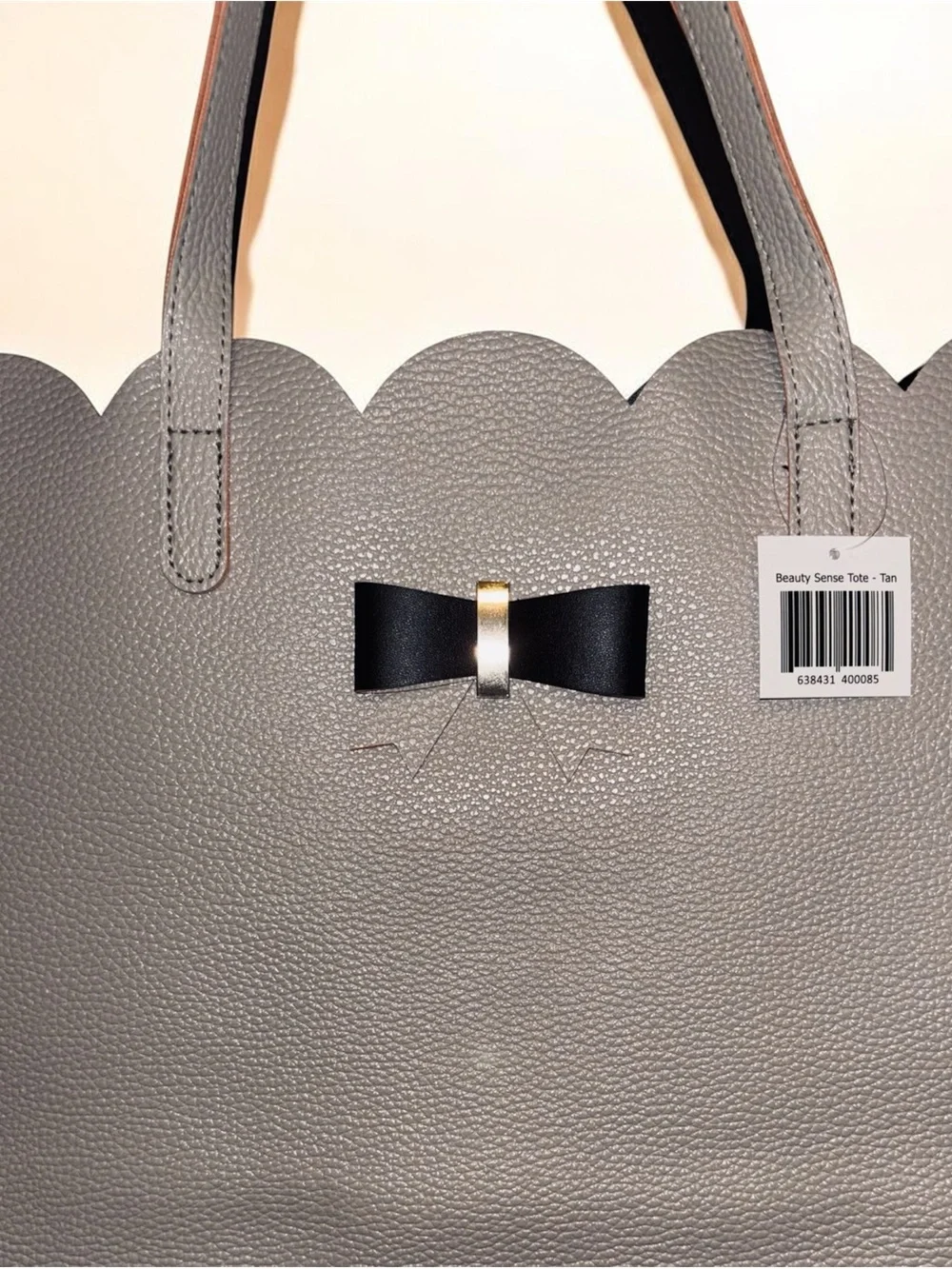 Scalloped Edge Taupe Tote with Black Bow - Picture 2 of 5